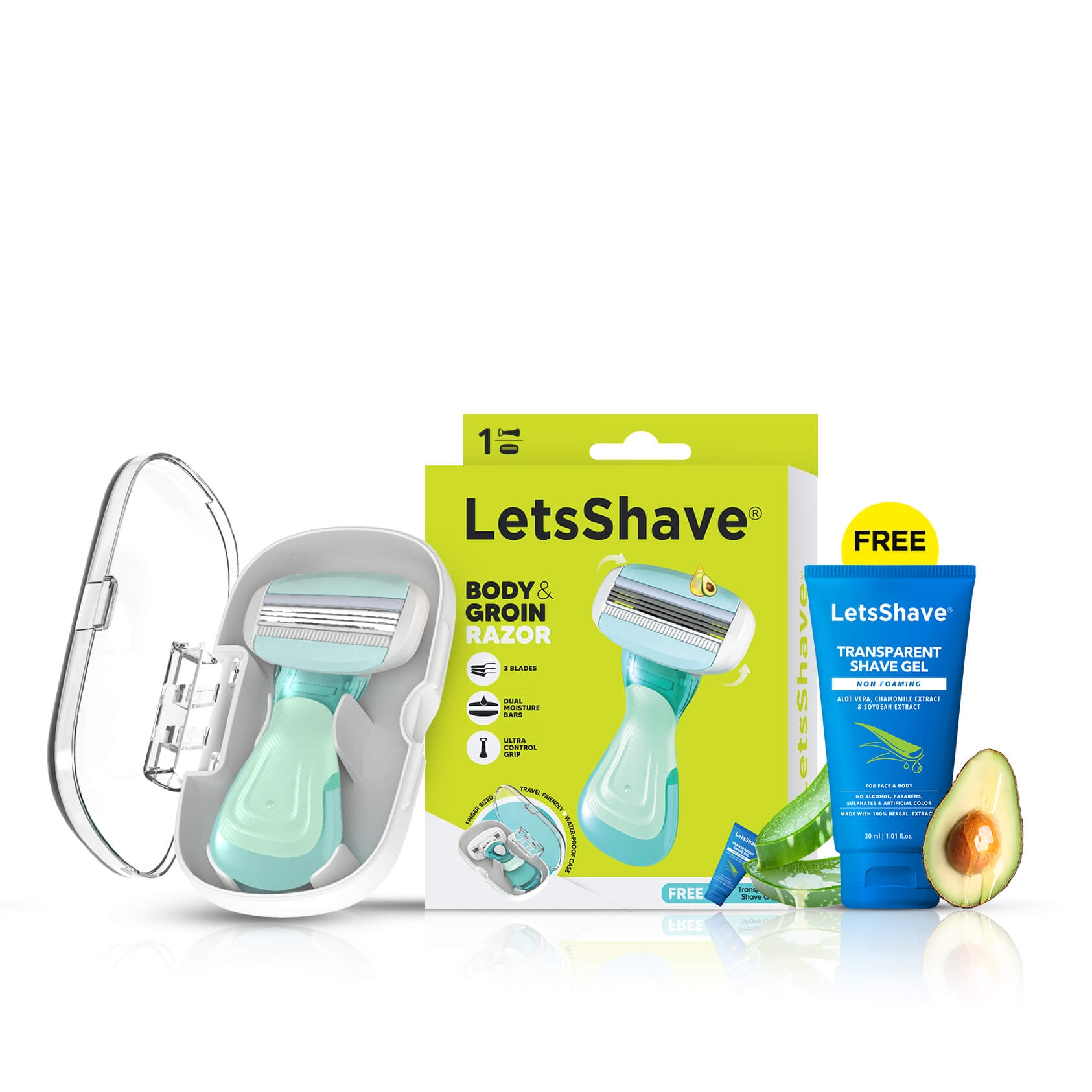 LetsShave | LetsShave Body and Groin Razor for Men with free Transparent Shave Gel | 3 Blade painless Groin and Body Hair Remover with Dual Moisture Bars | Compact Razor with Clamshell Travel Case
