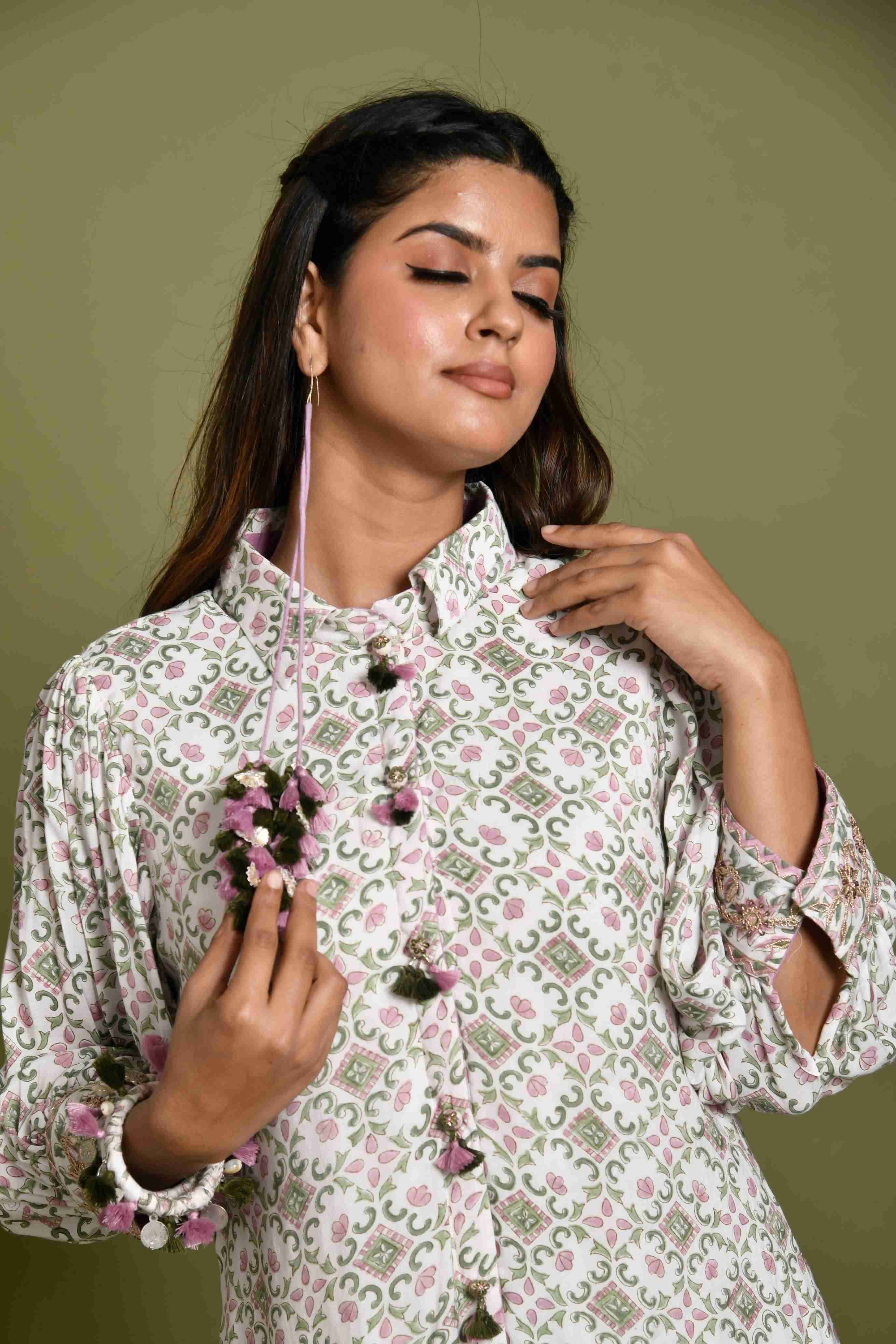 Block printed asymmetrical  printed  kurta with sharara