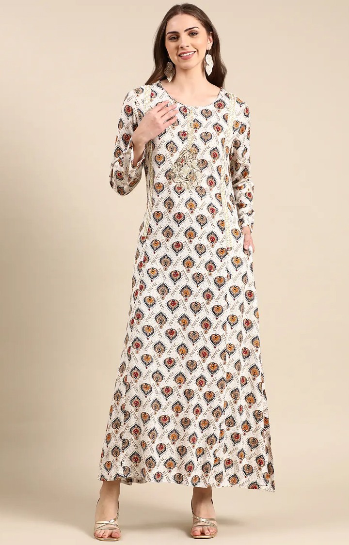 SHOWOFF Women's Ankle Length Ethnic Motifs Anarkali Off White Kurta