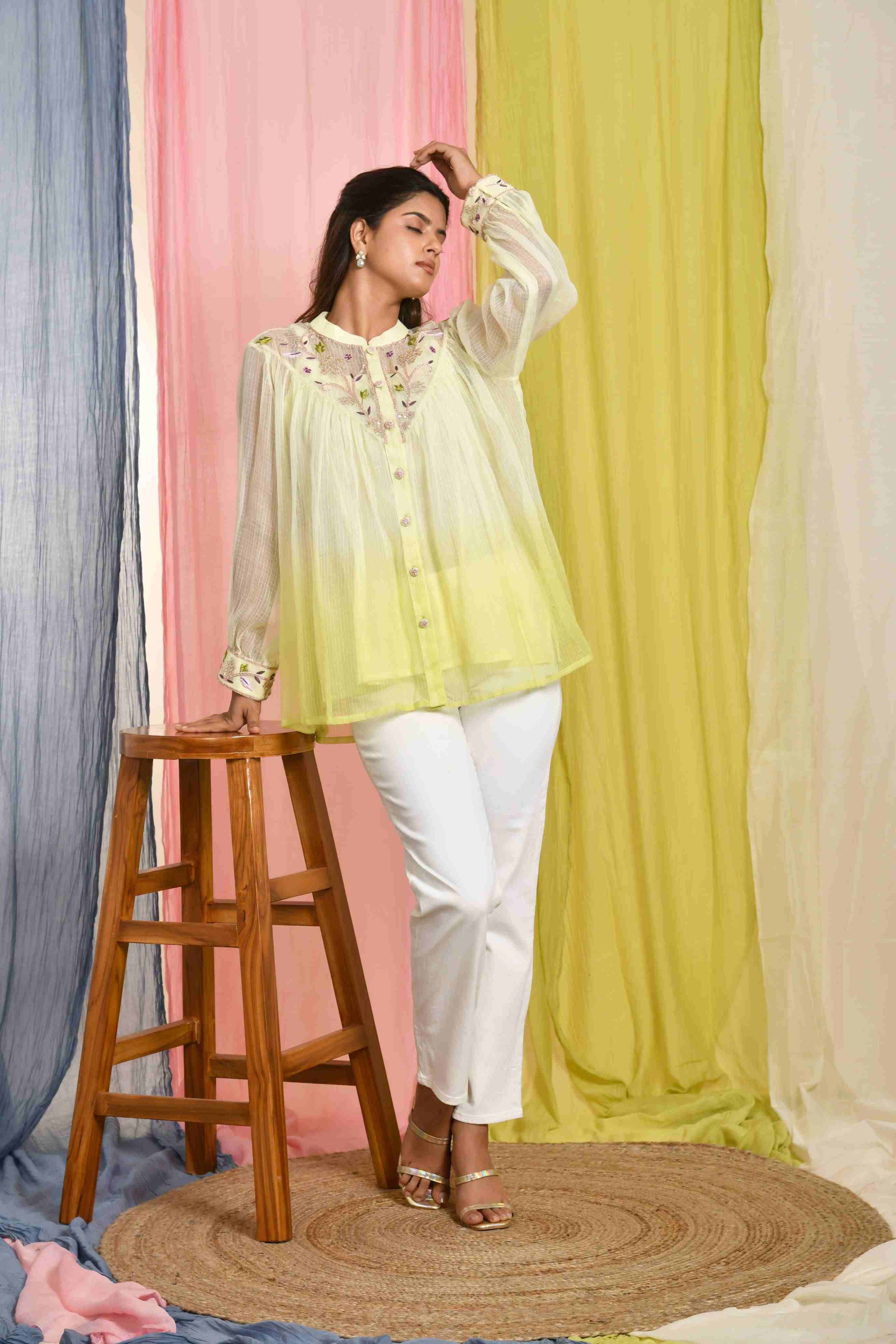 Lime Green Short Kota Doriya Shaded Top With Embroidery On the yoke