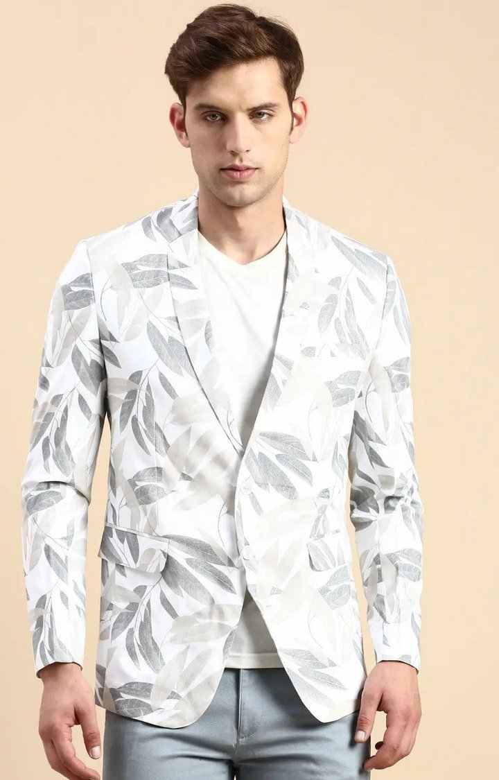 SHOWOFF Men's Single Breasted Off White Printed Slim Fit Blazer