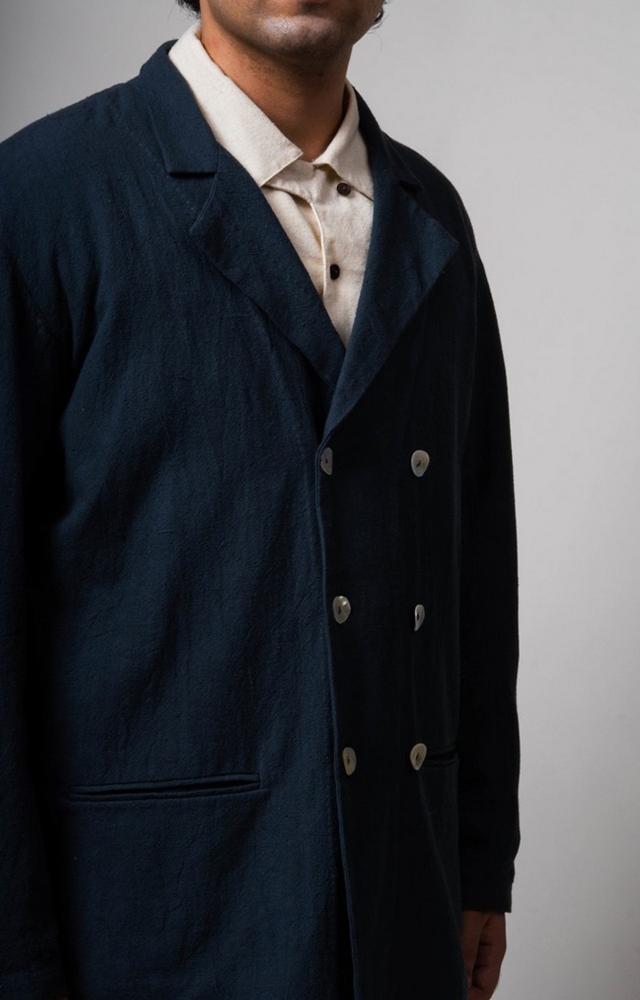 Men's Blue Cotton Solid Front Open Jacket