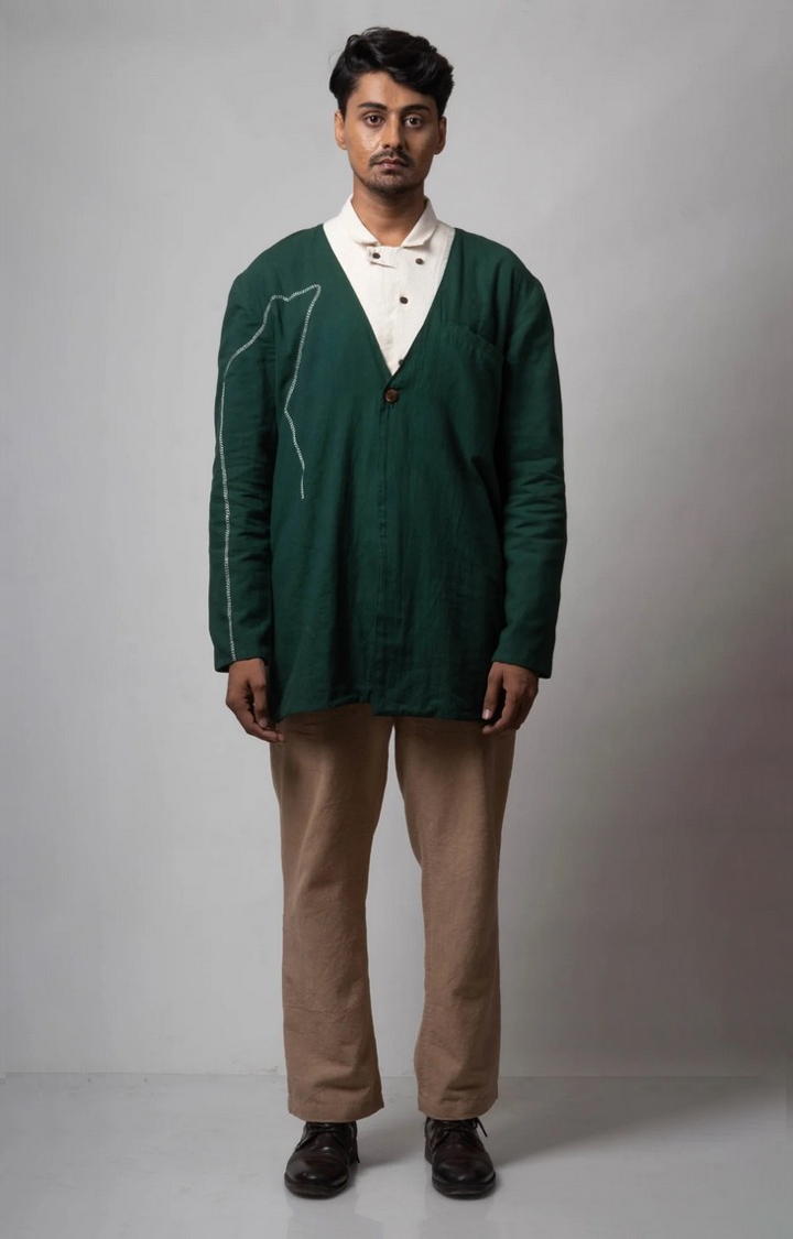 Men's Green Cotton Embroidered Front Open Jacket
