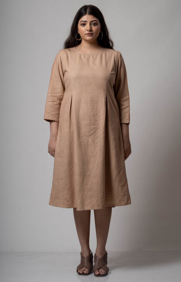 Lafaani | Women's Beige Cotton Solid Sheath Dress