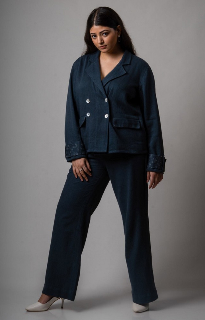 Lafaani | Women's Blue Cotton Solid Front Open Jacket