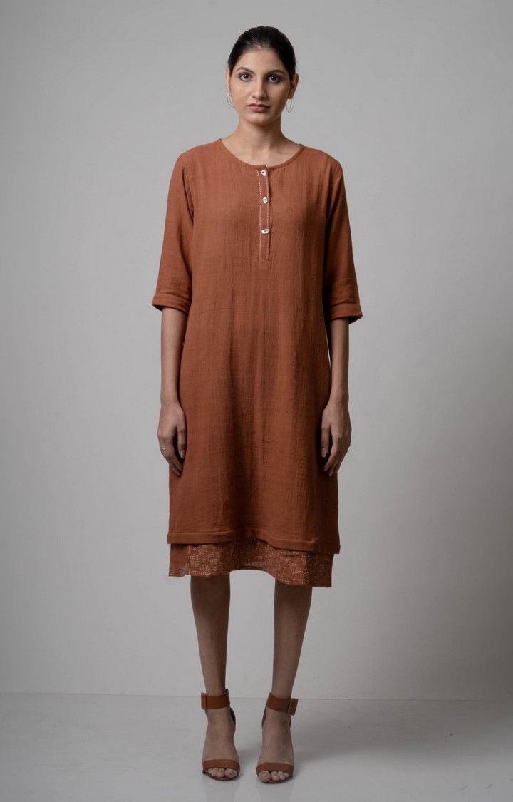 Women's Brown Cotton Solid Sheath Dress