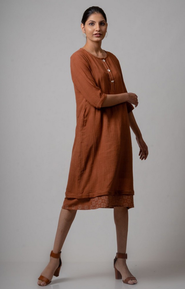 Women's Brown Cotton Solid Sheath Dress