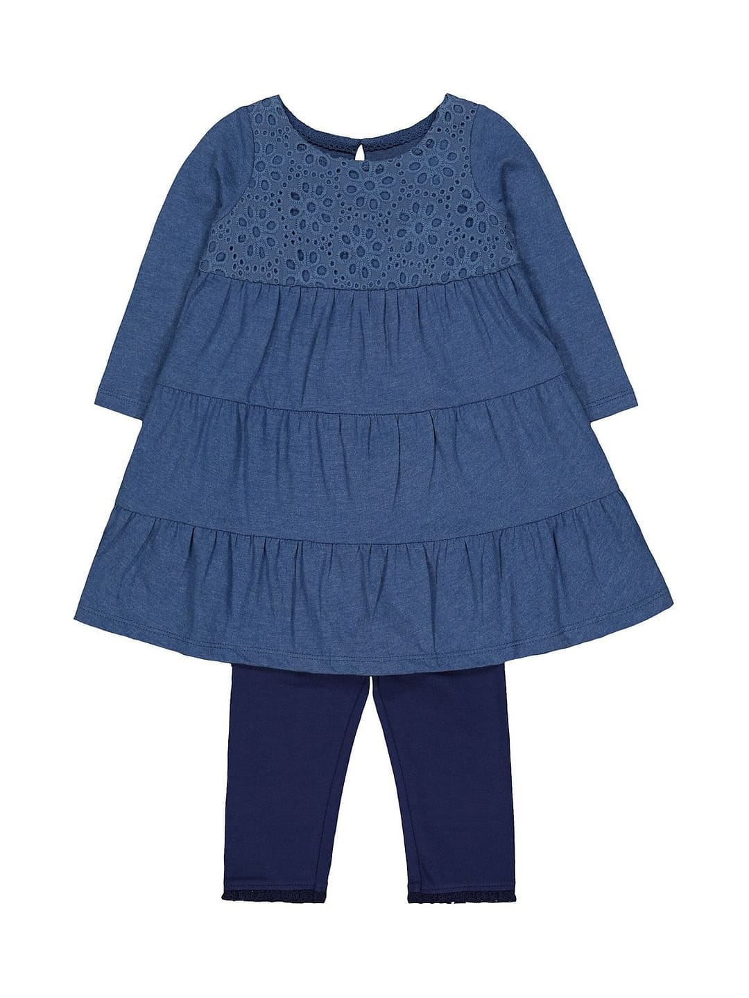 Blue Broderie Tiered Dress And Navy Leggings Set