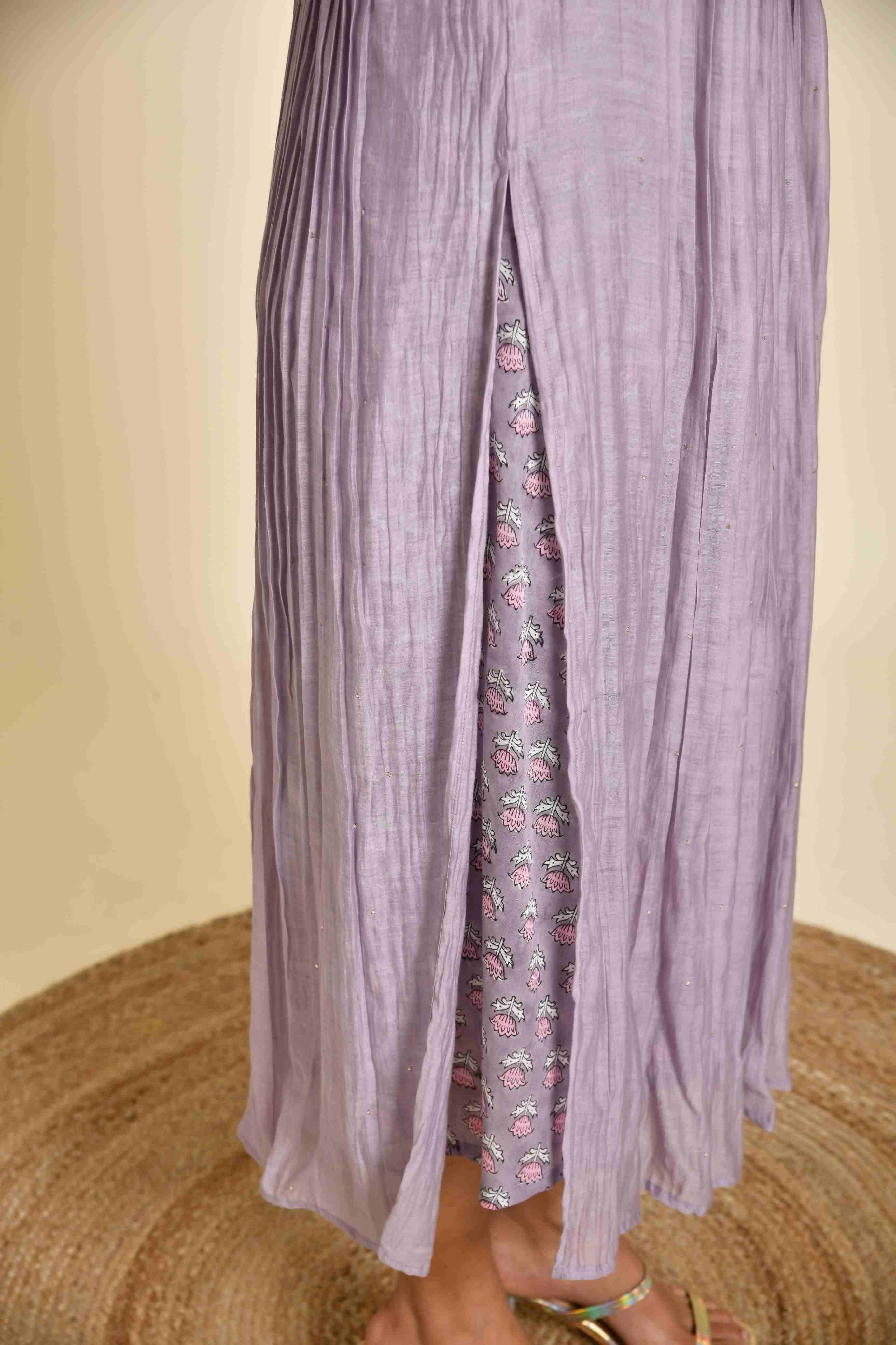 Purple Chanderi Straight Pleated Kurta With Mukaish Work