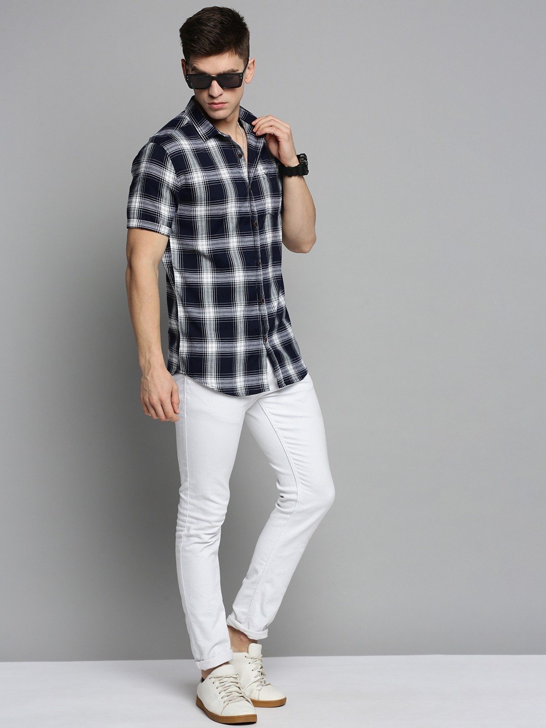 SHOWOFF Men's Spread Collar Navy Blue Checked Shirt