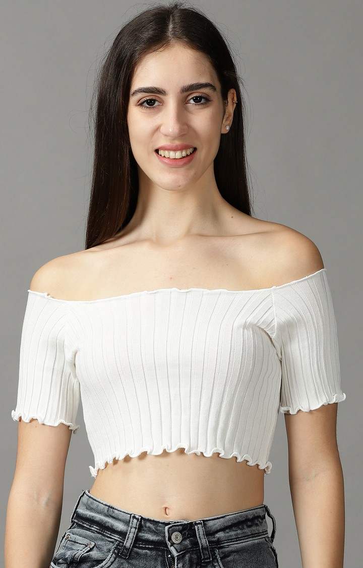 Women's White Acrylic Solid Tops