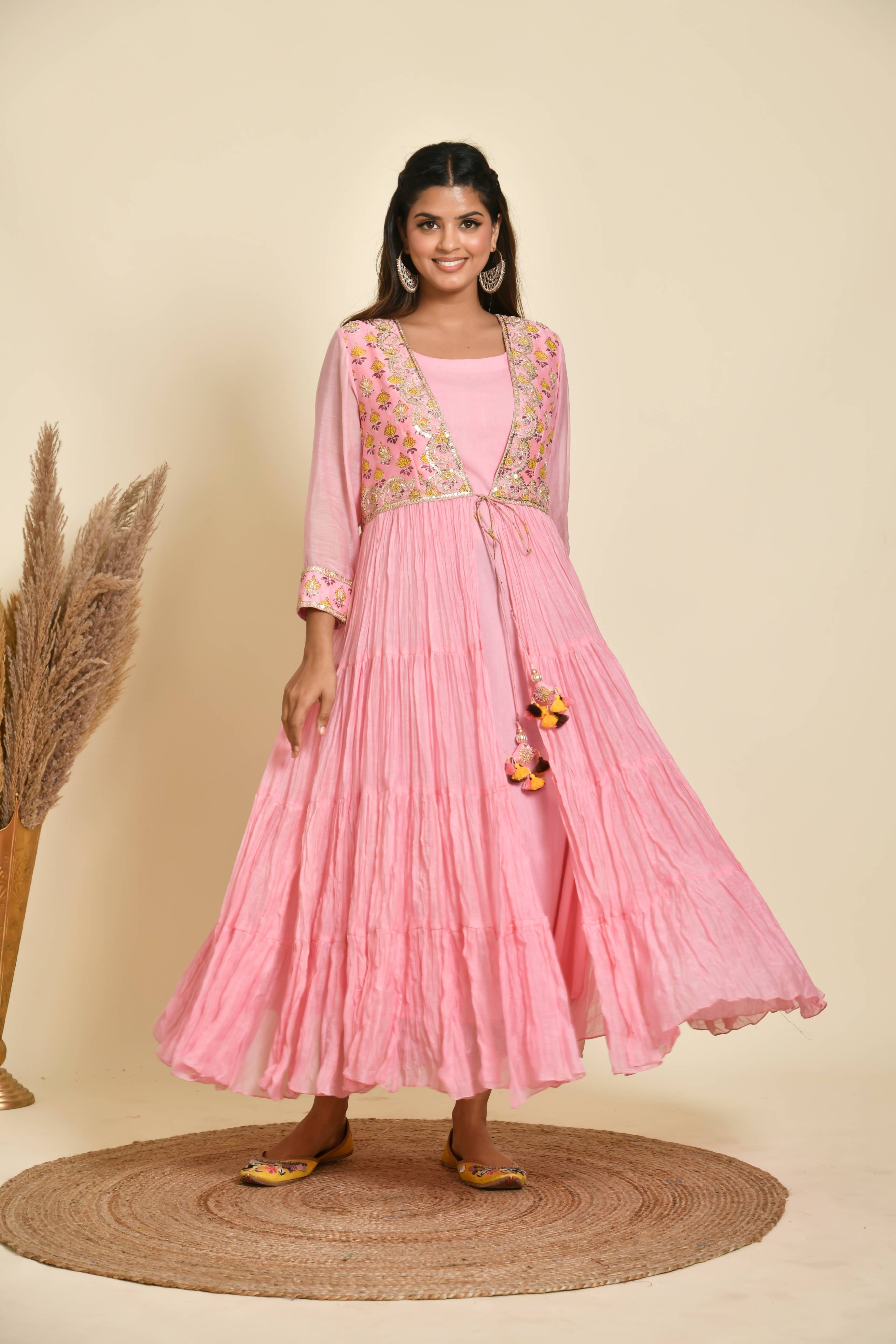 Block Printed Pink Chanderi Dress With Tassels