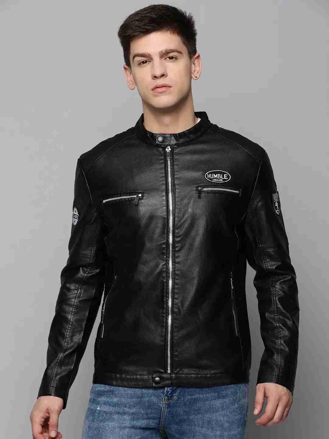 SHOWOFF Men's Mandarin Collar Black Solid Leather Jacket