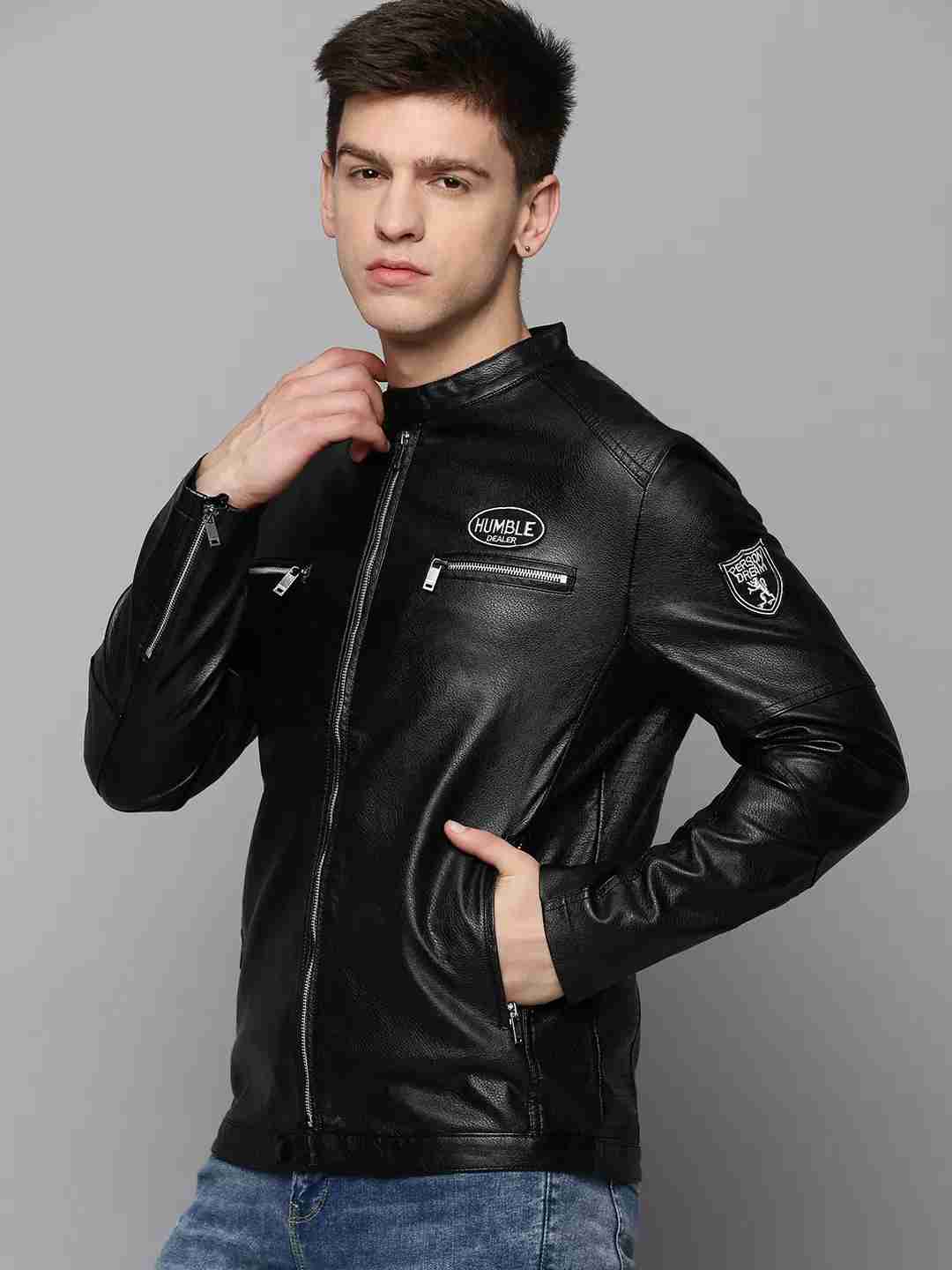 SHOWOFF Men's Mandarin Collar Black Solid Leather Jacket