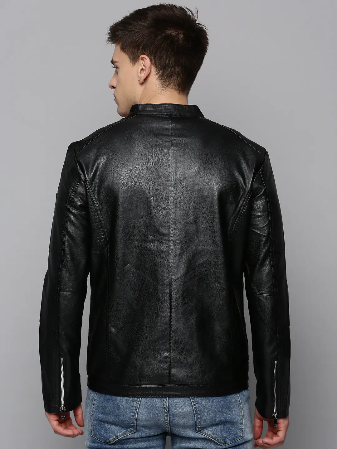 SHOWOFF Men's Mandarin Collar Black Solid Leather Jacket