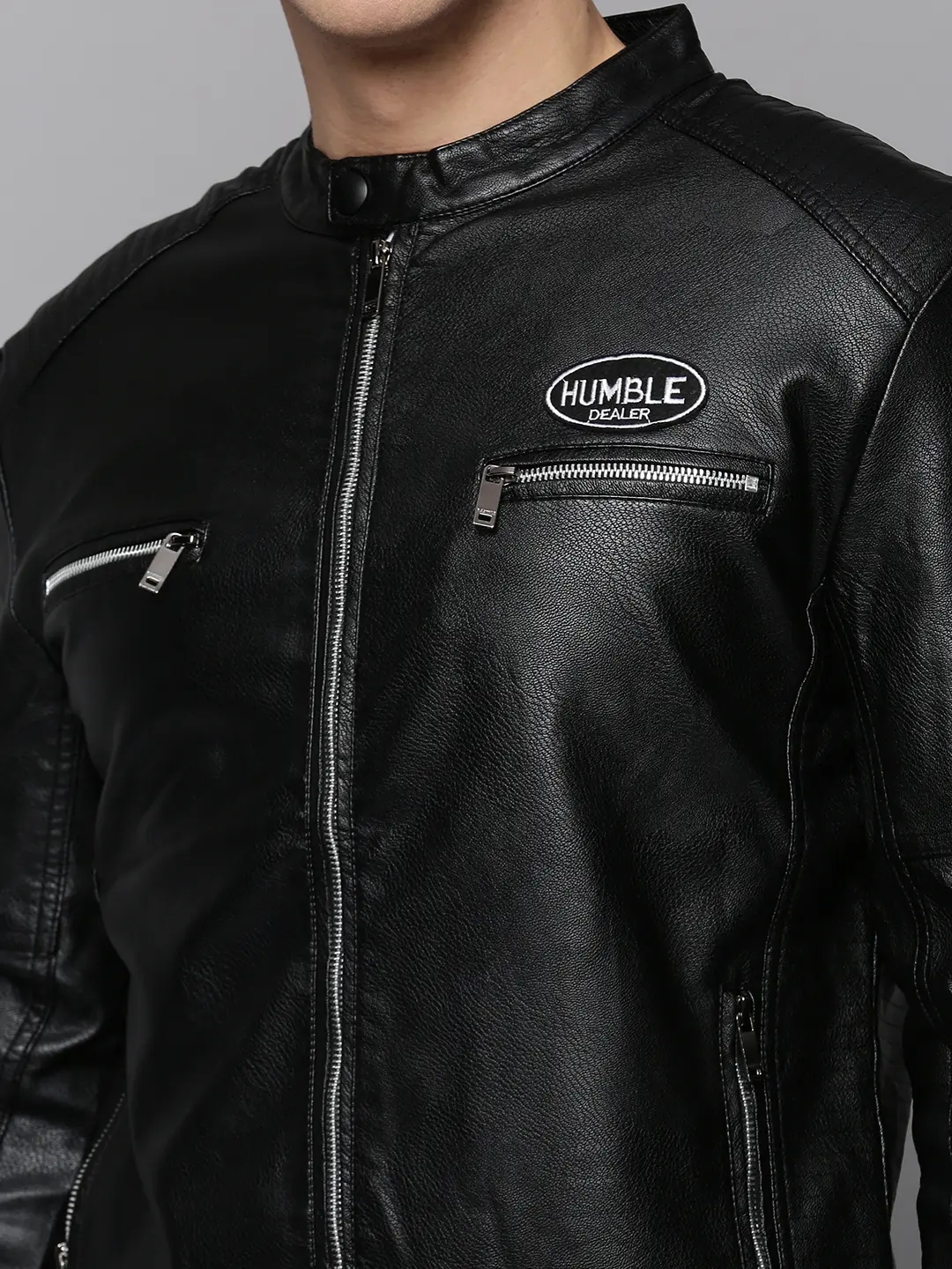 SHOWOFF Men's Mandarin Collar Black Solid Leather Jacket