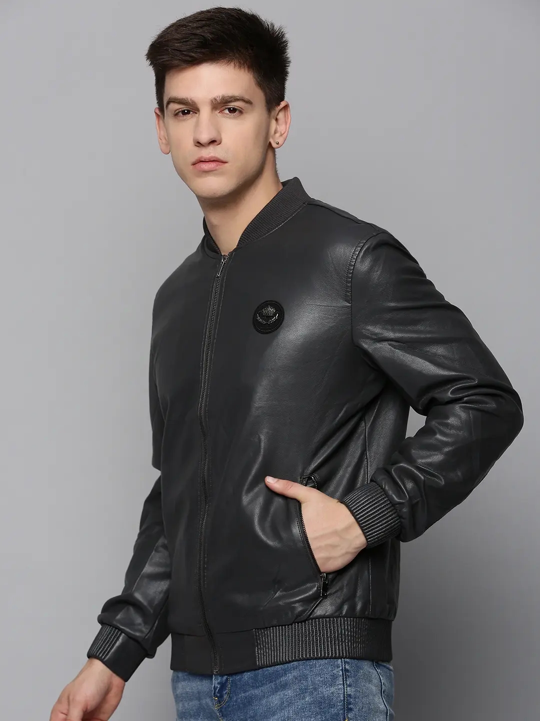 SHOWOFF Men's Mandarin Collar Grey Solid Leather Jacket