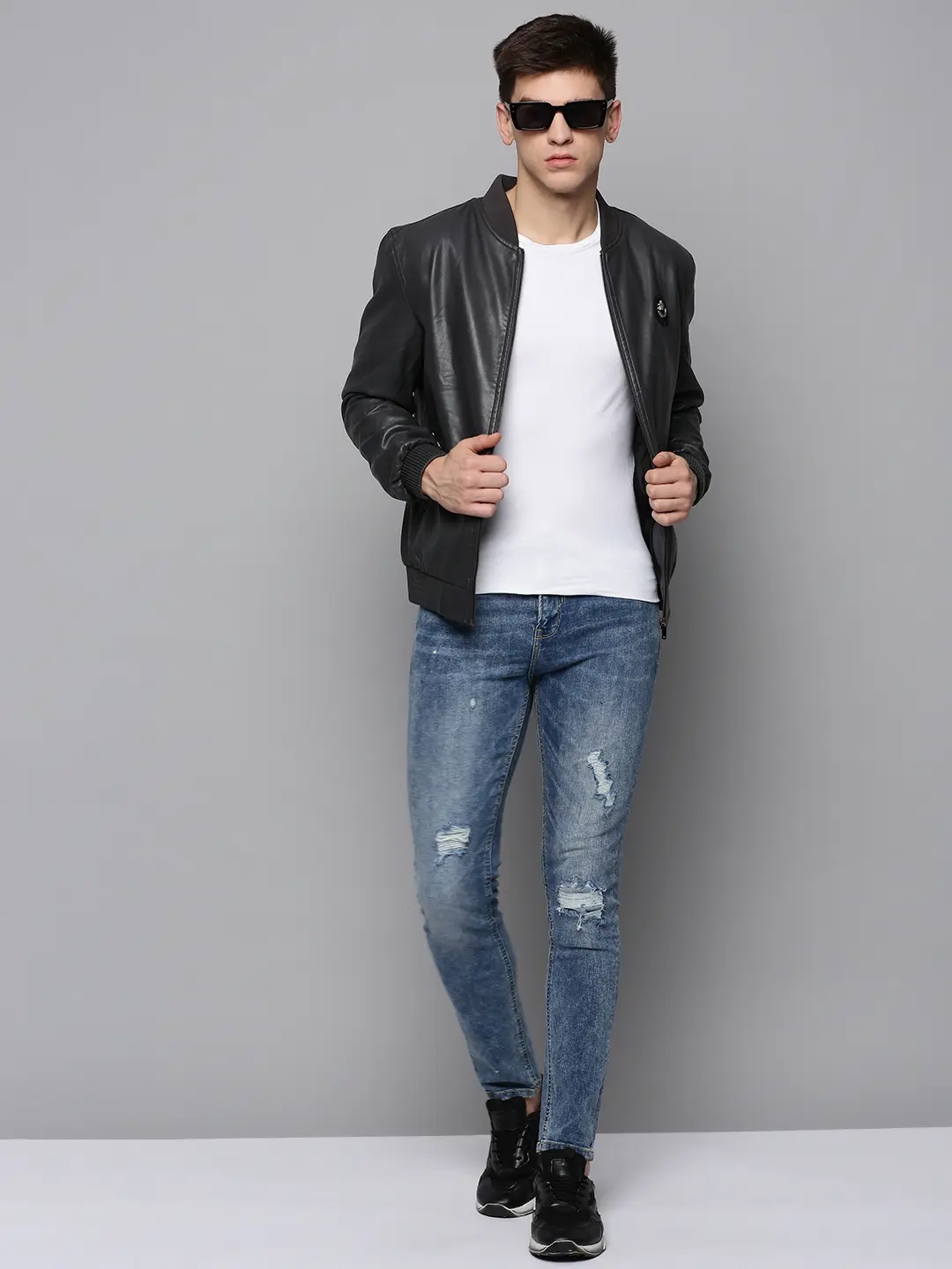 SHOWOFF Men's Mandarin Collar Grey Solid Leather Jacket