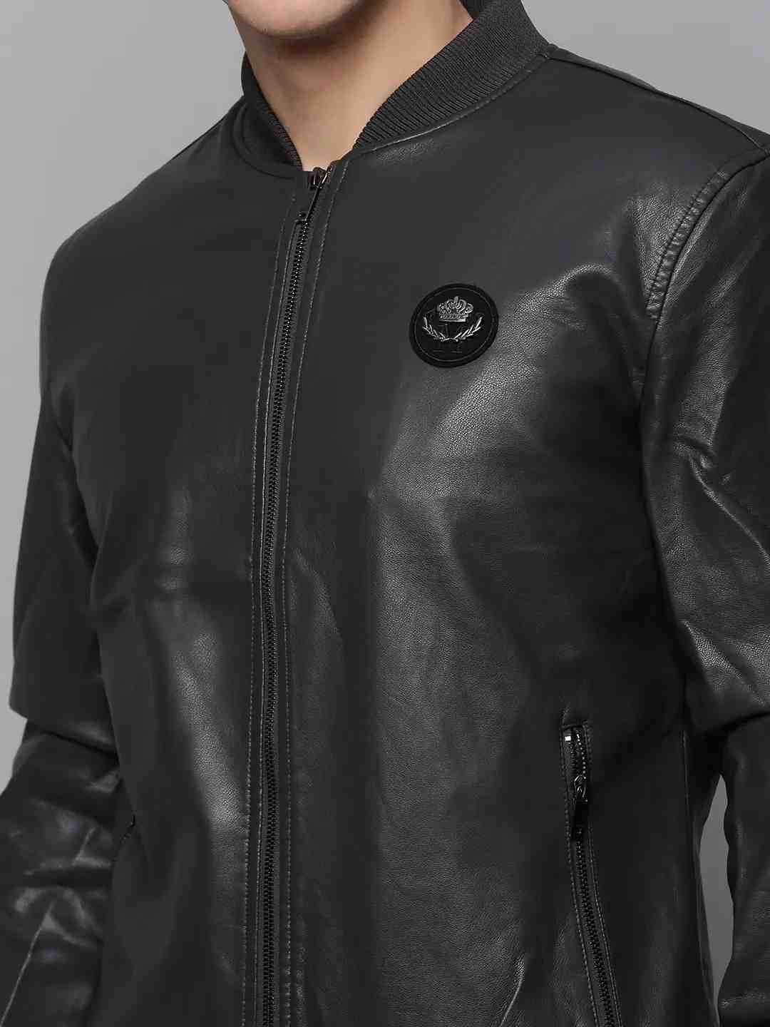 SHOWOFF Men Grey Solid Mandarin Collar Full Sleeves Jacket