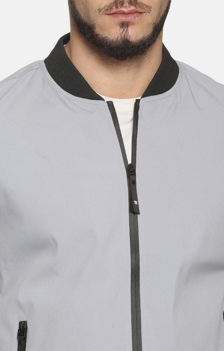 Men Grey Casual Solid Sporty Jacket