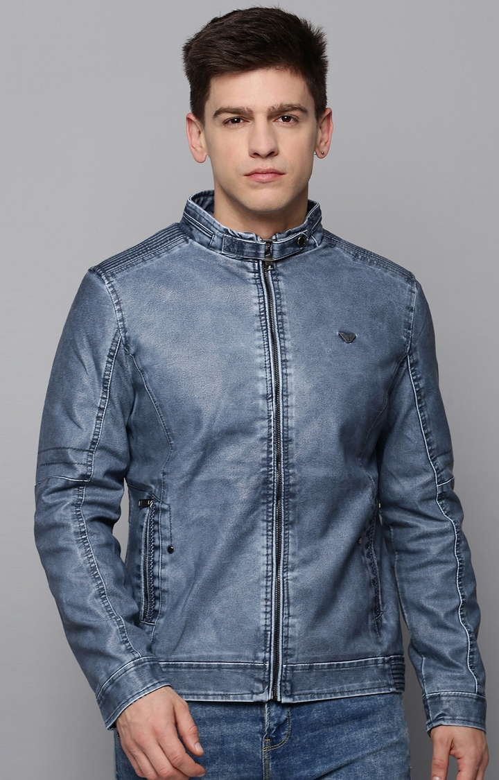 Showoff | SHOWOFF Men's Mandarin Collar Blue Solid Leather Jacket