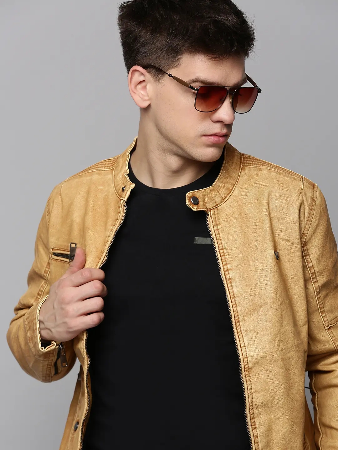 SHOWOFF Men's Mandarin Collar Tan Solid Leather Jacket