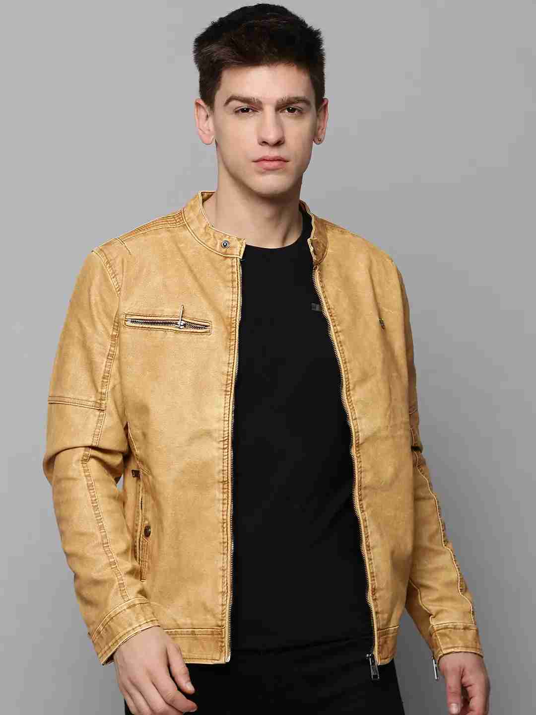 SHOWOFF Men's Mandarin Collar Tan Solid Leather Jacket