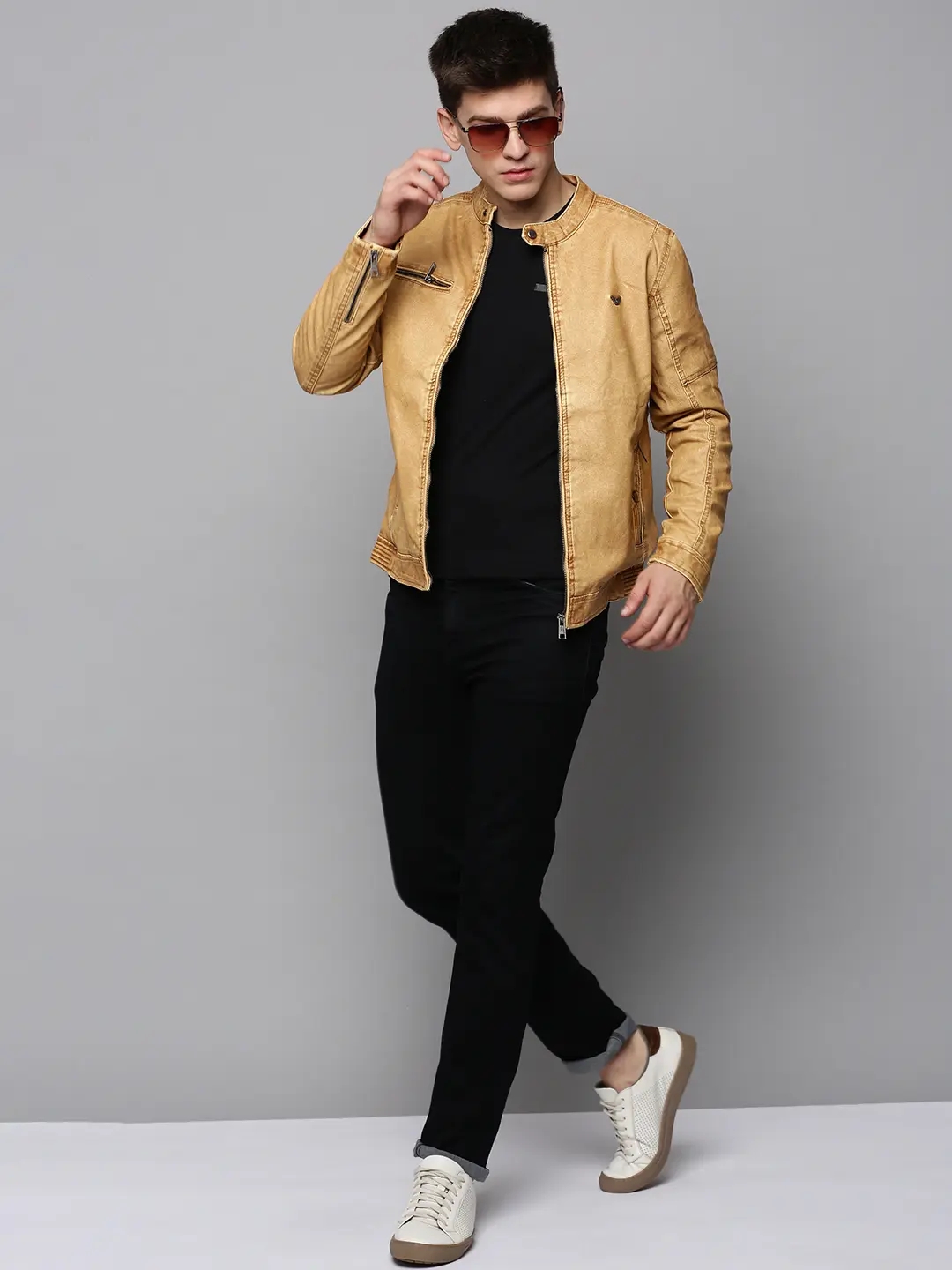 SHOWOFF Men's Mandarin Collar Tan Solid Leather Jacket