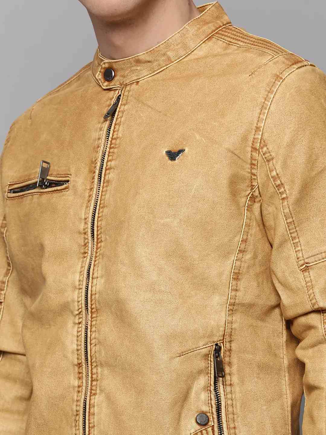 SHOWOFF Men's Mandarin Collar Tan Solid Leather Jacket