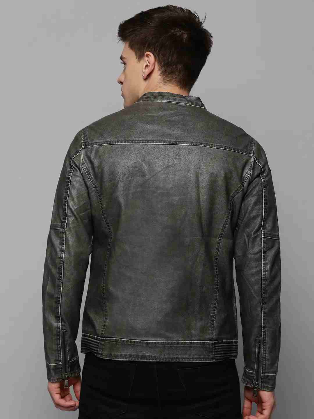 SHOWOFF Men's Mandarin Collar Grey Solid Leather Jacket