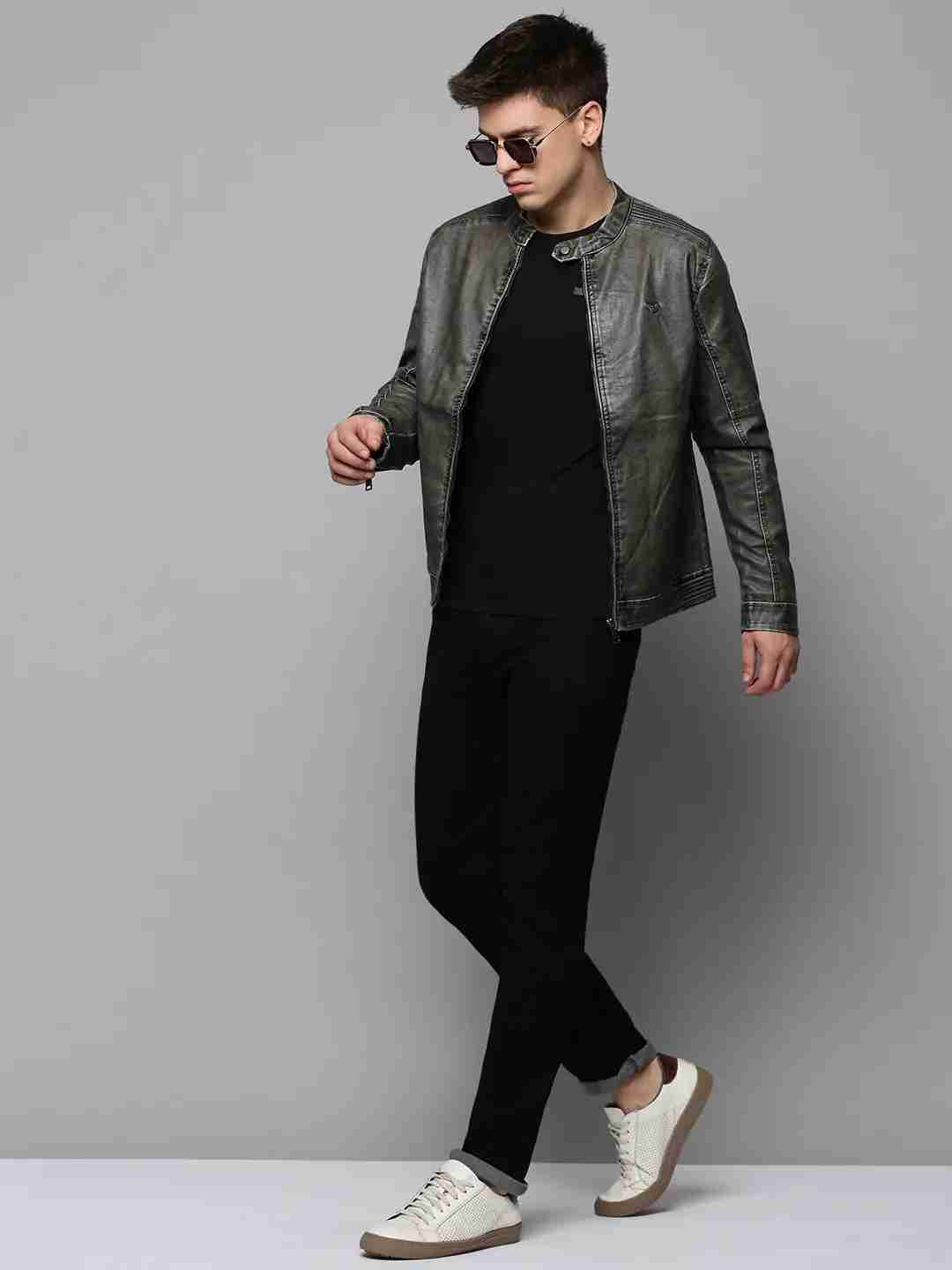 SHOWOFF Men's Mandarin Collar Grey Solid Leather Jacket