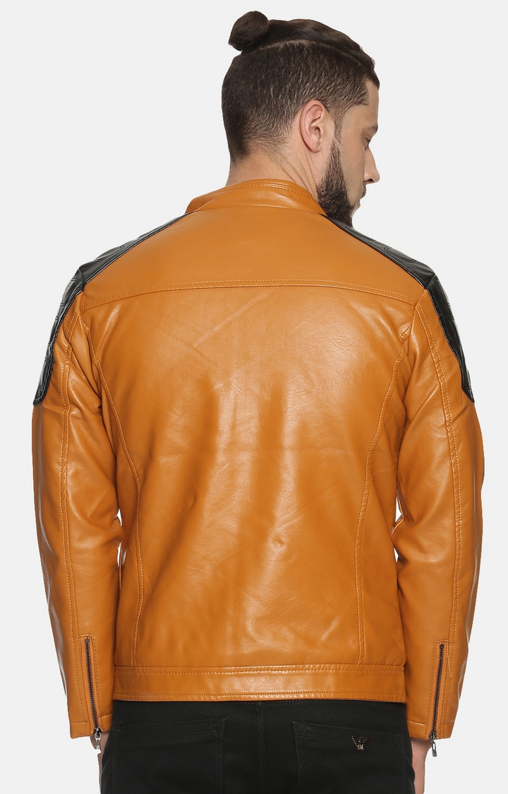SHOWOFF Men Tan Colourblocked High Neck Full Sleeves Slim Fit Mid Length Jacket