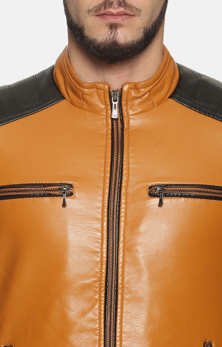 SHOWOFF Men Tan Colourblocked High Neck Full Sleeves Slim Fit Mid Length Jacket