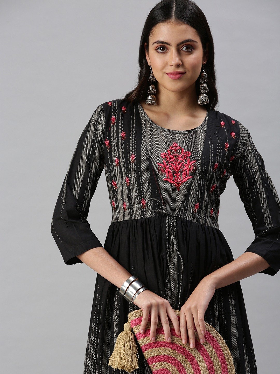 Showoff | SHOWOFF Women Grey Floral Round Neck Three-Quarter Sleeves Ankle Length Anarkali Kurta