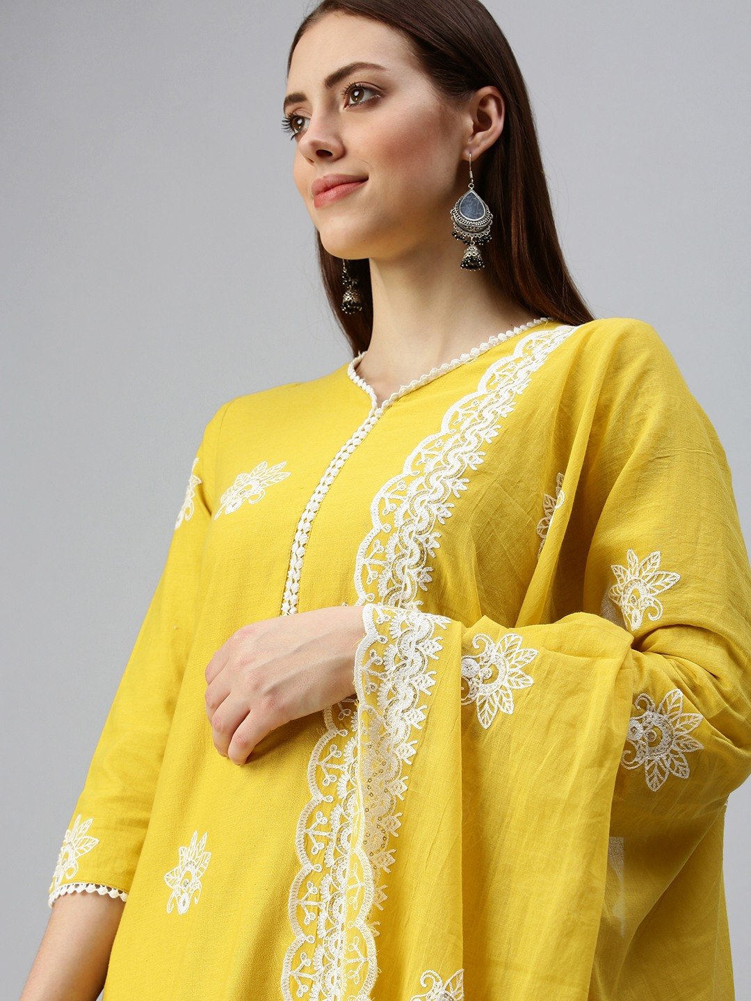 SHOWOFF Women's Yellow Solid Kurta & Trouser With Dupatta