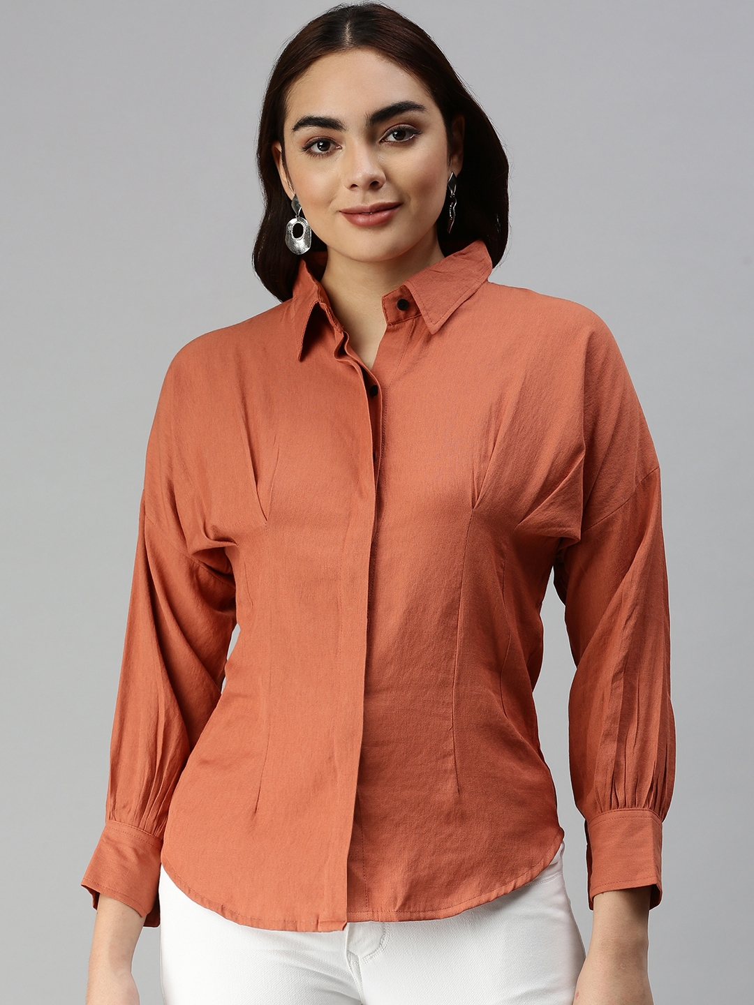 SHOWOFF Women's Slim Fit Kimono Sleeves Rust Solid Shirt