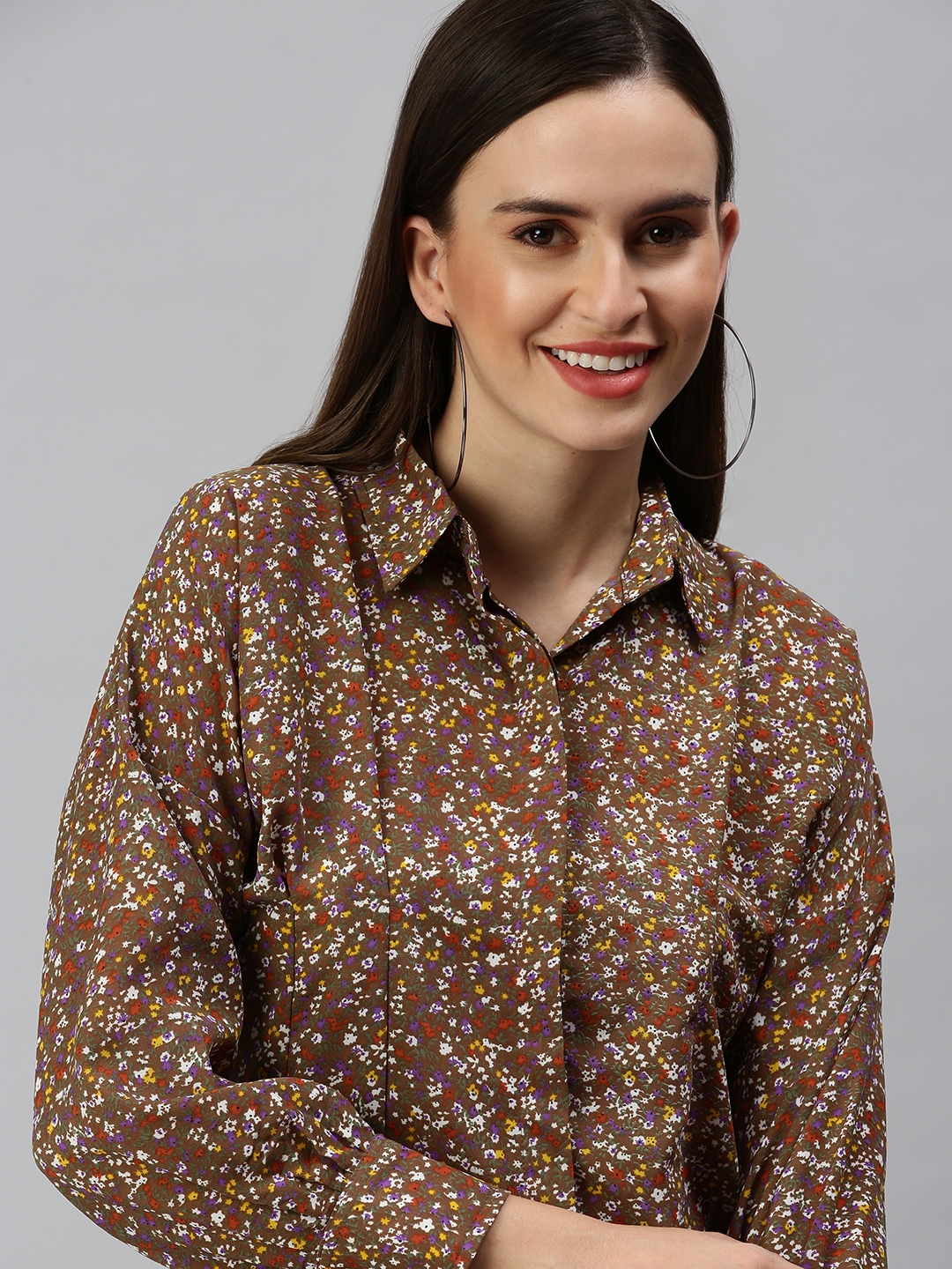 SHOWOFF Women Brown Printed Collar Full Sleeves Casual Shirt
