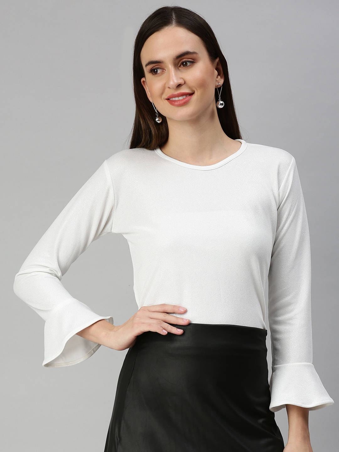 SHOWOFF Women White Solid Round Neck Full Sleeves Regular Top