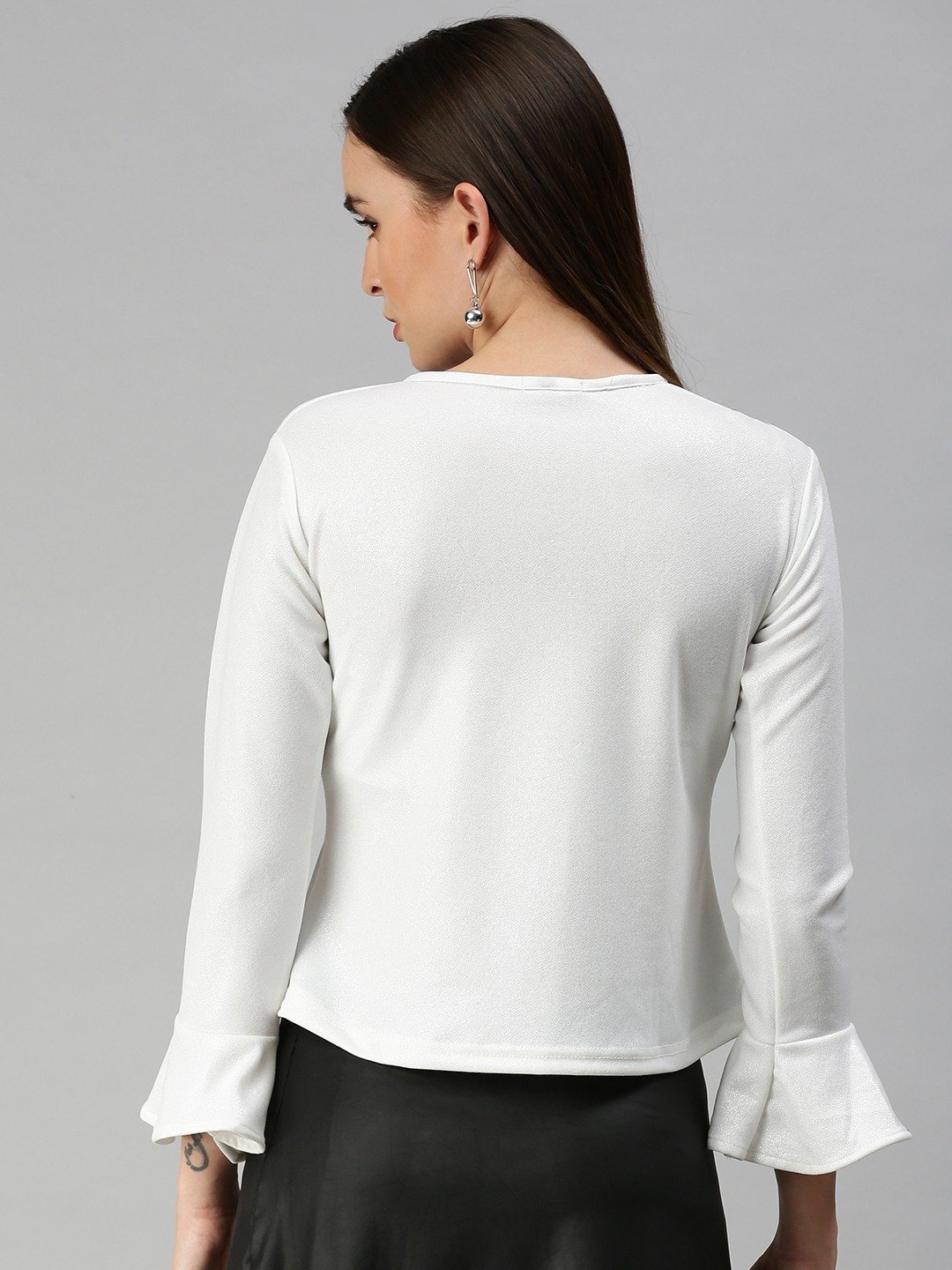 SHOWOFF Women White Solid Round Neck Full Sleeves Regular Top