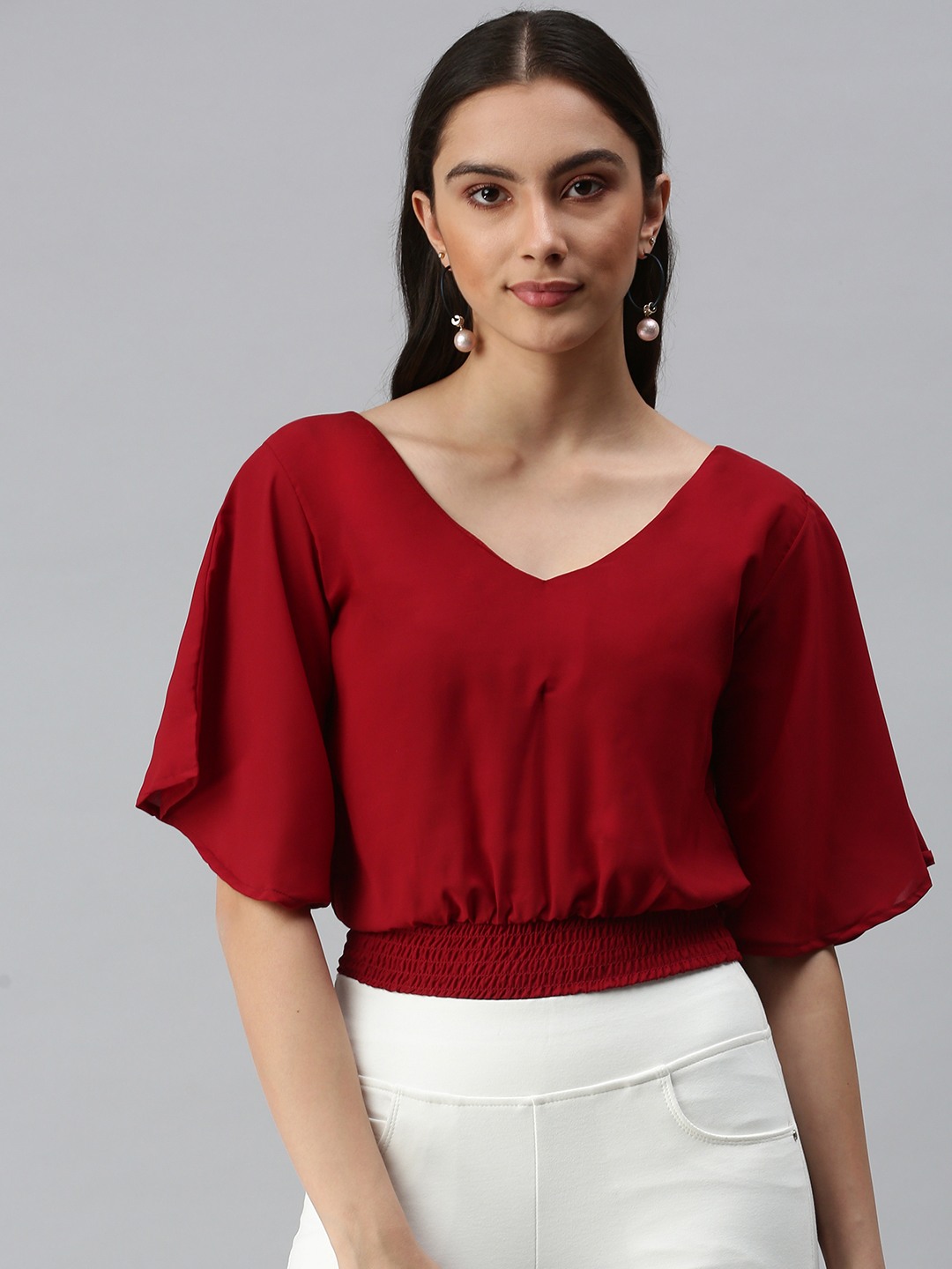 Women's Brown Polyester Solid Tops