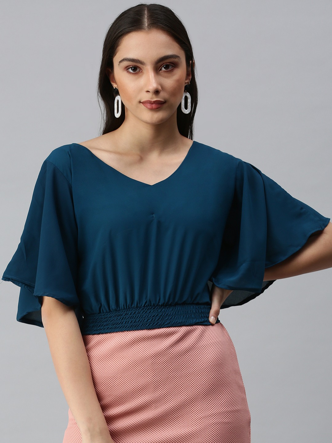 SHOWOFF Women's V-Neck Flared Sleeves Solid Teal Top