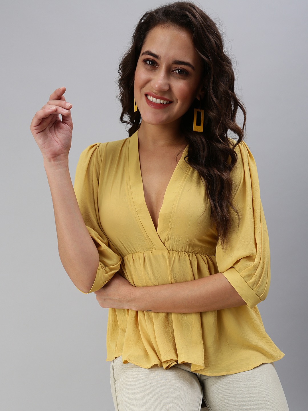 SHOWOFF Women's Solid Peplum Yellow V-Neck Top