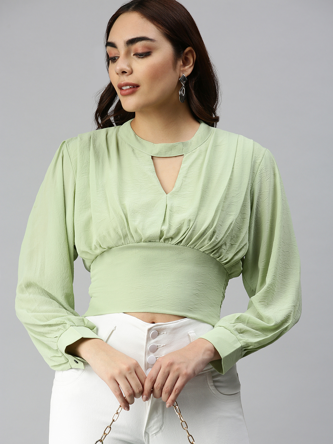 SHOWOFF Women's Long Sleeves Keyhole Neck Green Solid Top