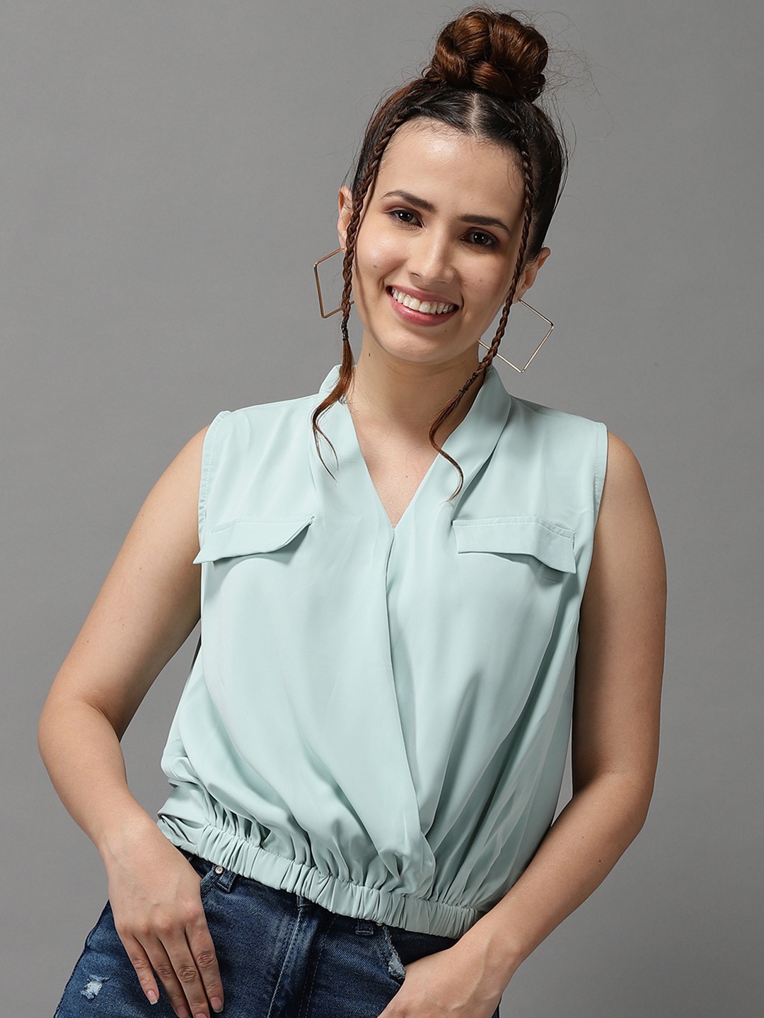 Showoff | SHOWOFF Women's Abstract V-Neck Sea Green High-Low Regular Top