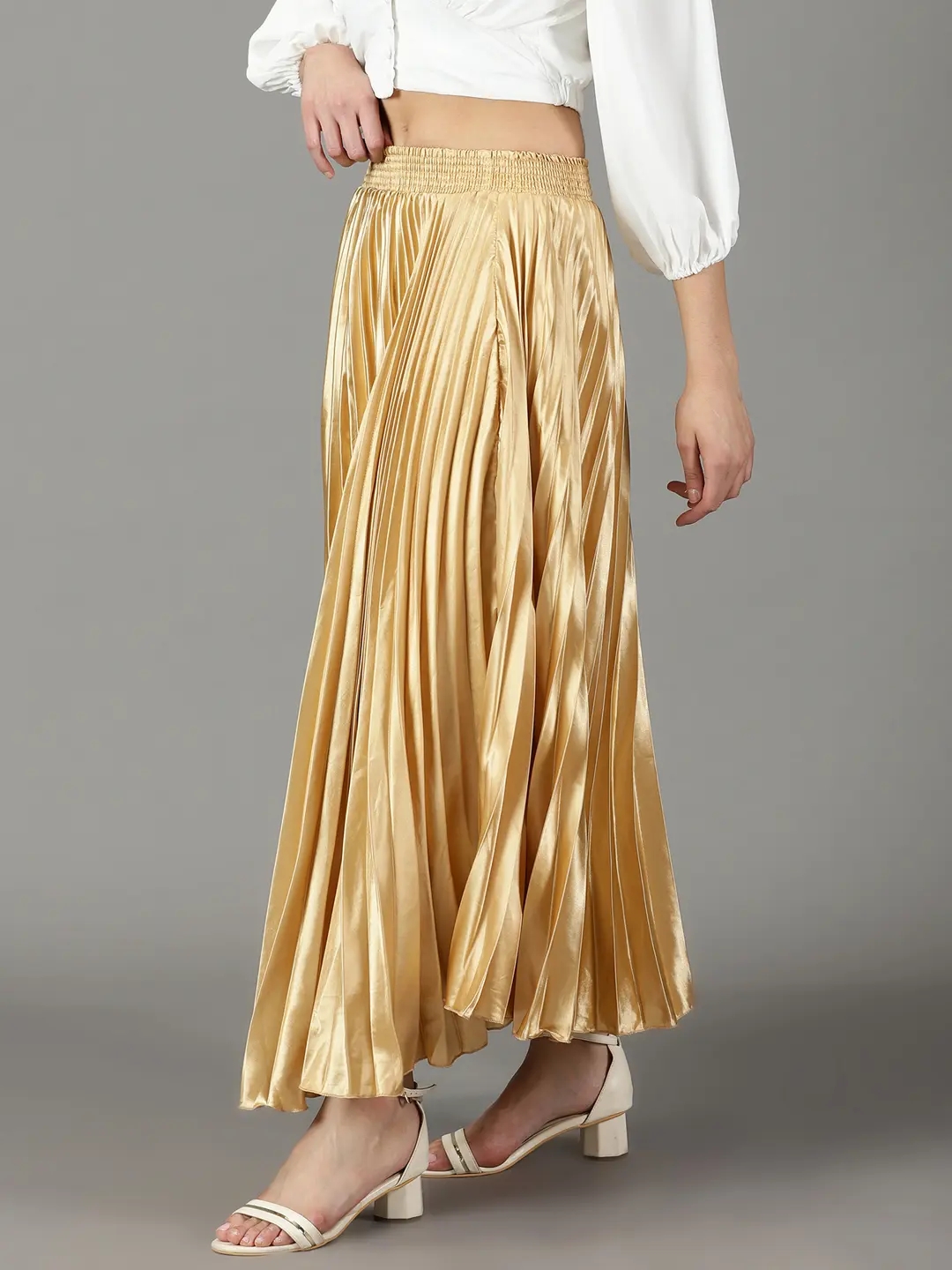 SHOWOFF Women's Solid Gold Satin Flared Skirt