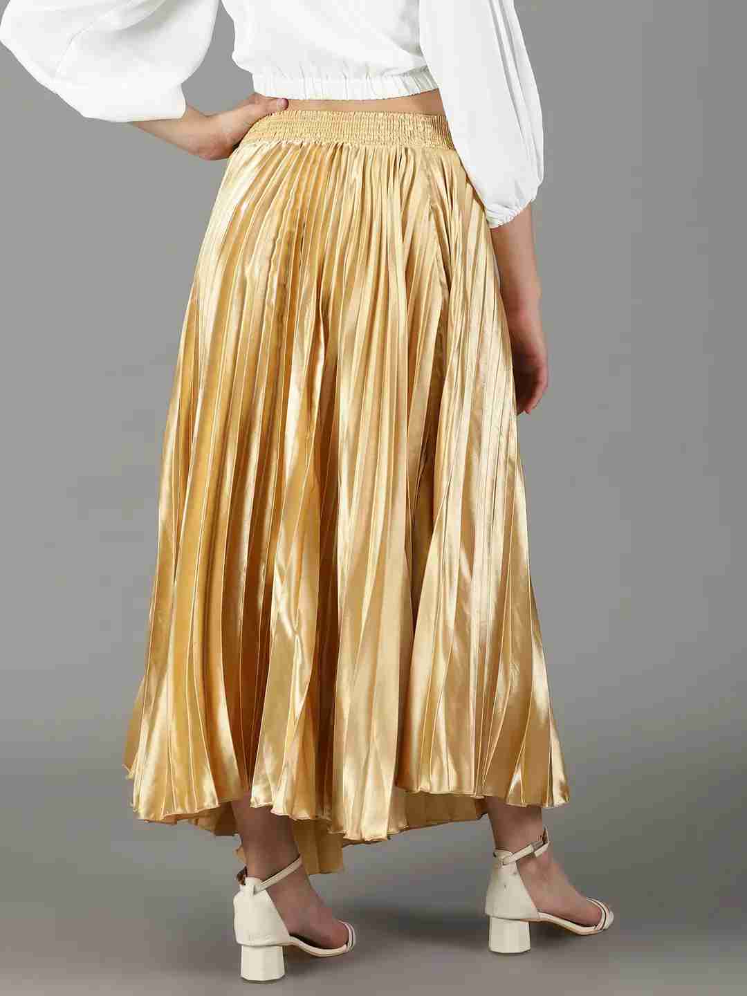 SHOWOFF Women's Solid Gold Satin Flared Skirt