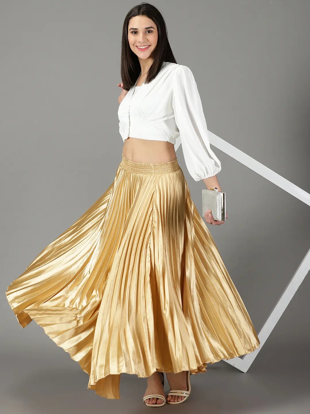 SHOWOFF Women's Solid Gold Satin Flared Skirt