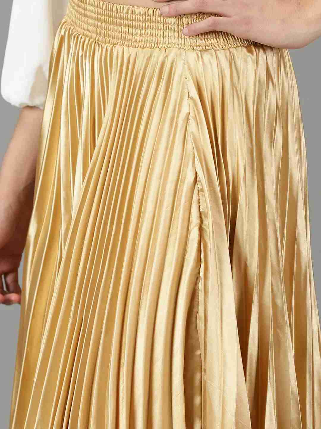SHOWOFF Women's Solid Gold Satin Flared Skirt