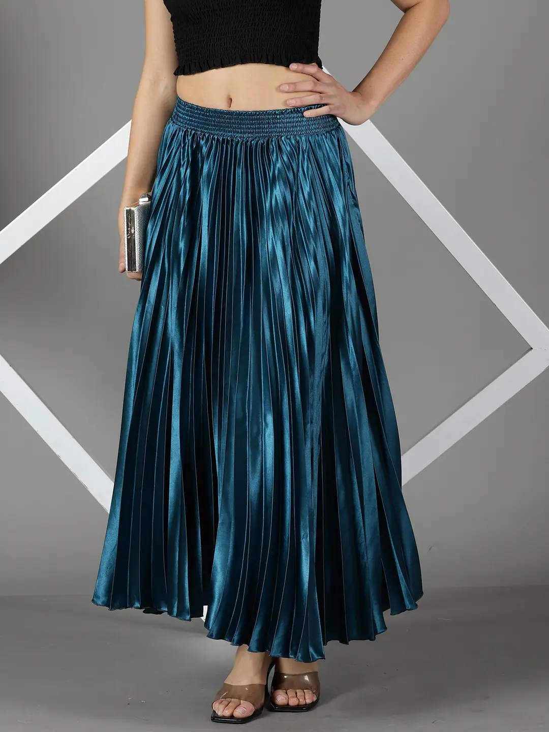 SHOWOFF Women's Solid Teal Satin Flared Skirt