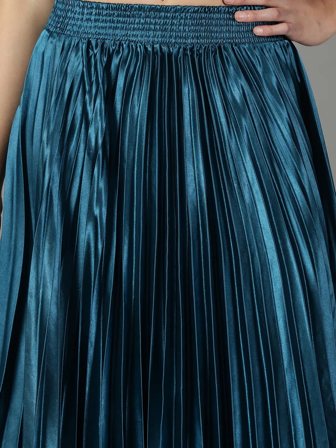 SHOWOFF Women's Solid Teal Satin Flared Skirt